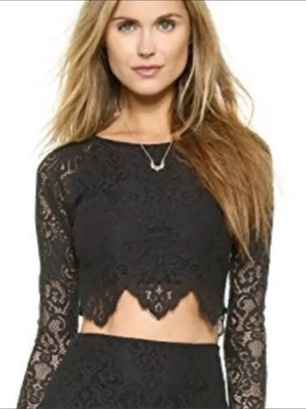 For Love And Lemons Black Lace Scalloped-Hem Cropped Top
